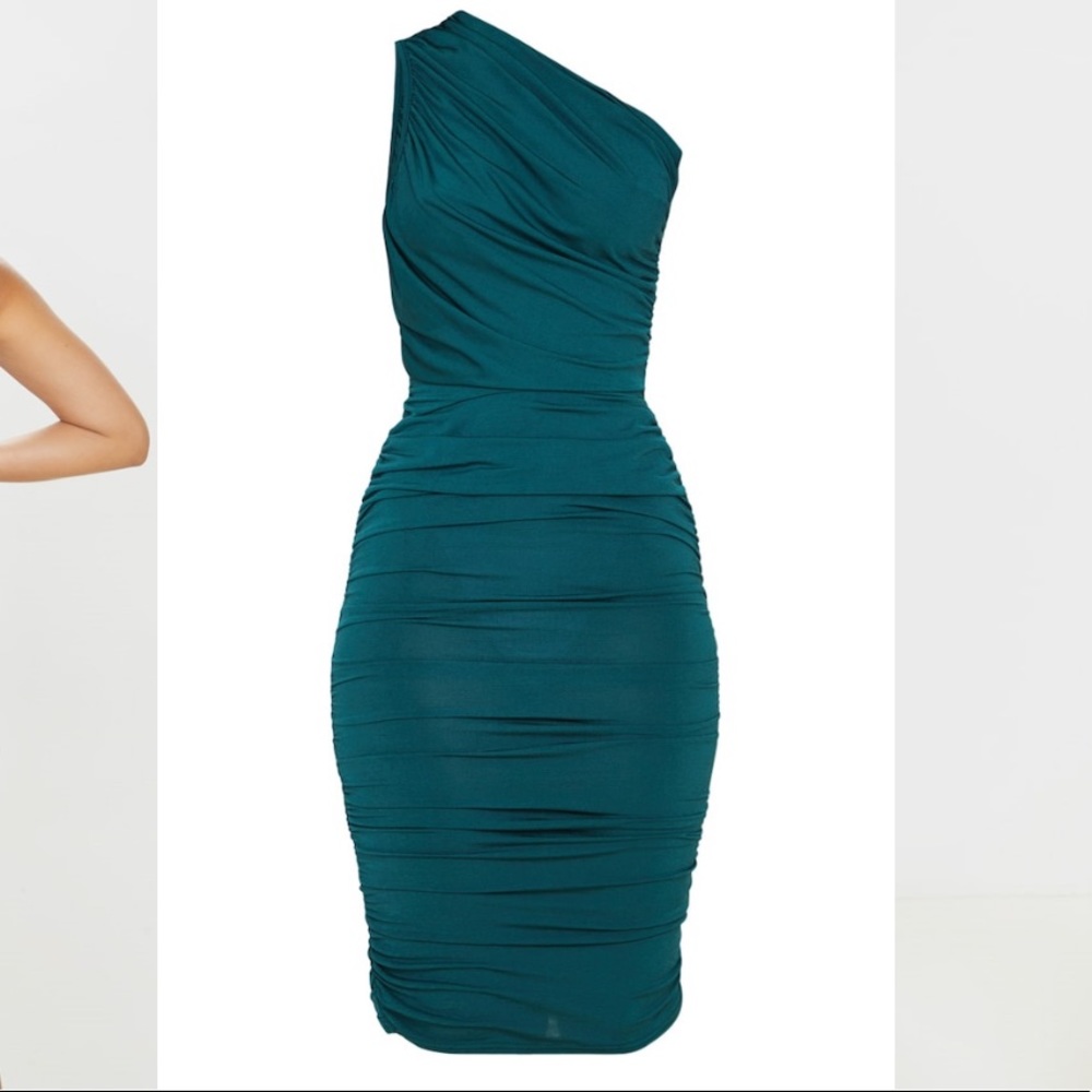 Emerald Green Ruched One Shoulder Midi Dress